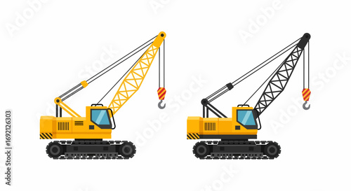 Two crawler cranes, one yellow and one black, side view.
