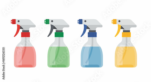 Four spray bottles with different colored liquids.