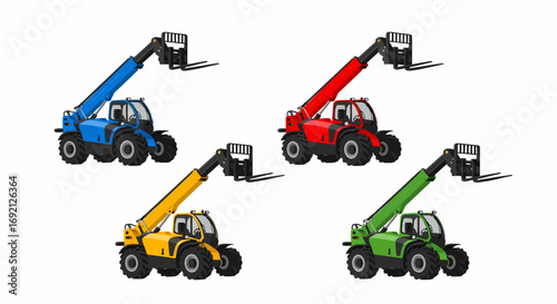 Four colorful telehandlers, heavy construction and industrial machinery, isolated on a white background, ready for material handling tasks.