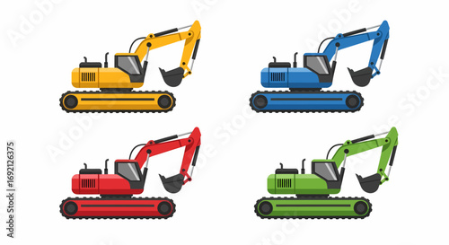 A set of four colorful construction excavators in yellow, blue, red, and green, isolated on a white background.