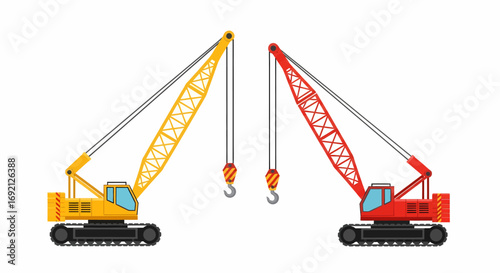 Two crawler cranes, yellow and red, facing each other.