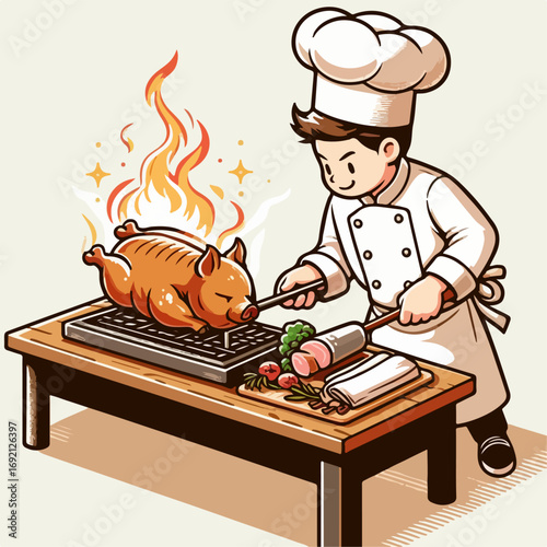 Illustration of a chef roasting suckling pig