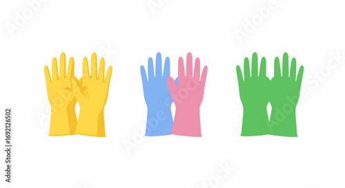 Three pairs of colorful rubber gloves, yellow, blue, pink, and green, for cleaning and protection.