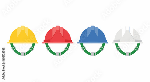 Four construction helmets in yellow, red, blue and white on white background.
