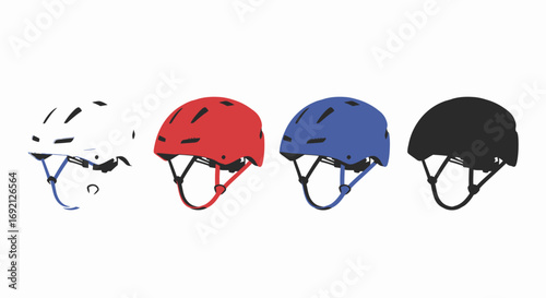 Four colorful helmets for sports and outdoor activities, including white, red, blue, and black options.