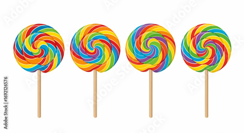 Four colorful rainbow swirl lollipops on white background.
