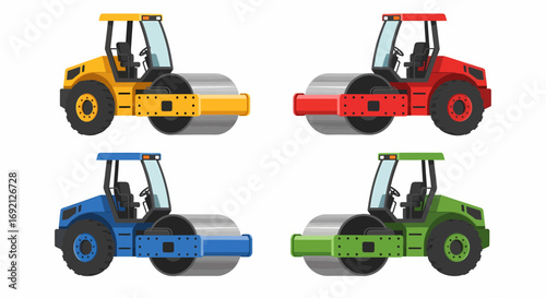 Four colorful road rollers in yellow, red, blue, and green, depicted from a side view against a white background.
