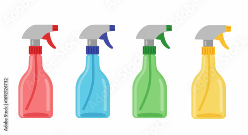Four colorful plastic spray bottles with trigger nozzles in red, blue, green, and yellow, isolated on a white background.