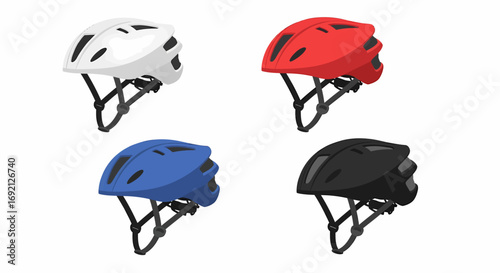 Four bicycle helmets in white, red, blue, and black colors.