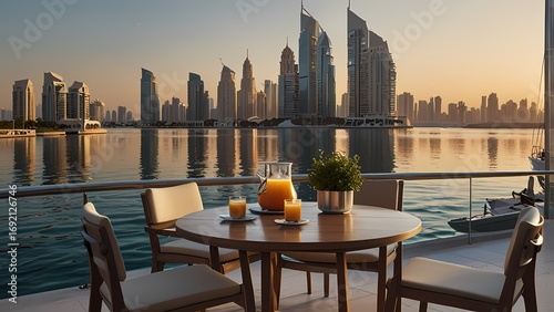 A photorealistic image of a modern outdoor café terrace in Dubai Marina, overlooking yachts and water at sunrise. A sleek table has a laptop, notebook, and a glass of fresh juice. Surrounding are clea