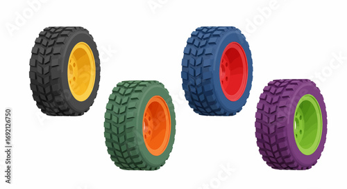 Five colorful toy tires with different colored rims.