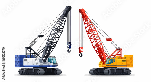 Two detailed crawler cranes, one blue and black and one red and yellow, facing each other on a white background.