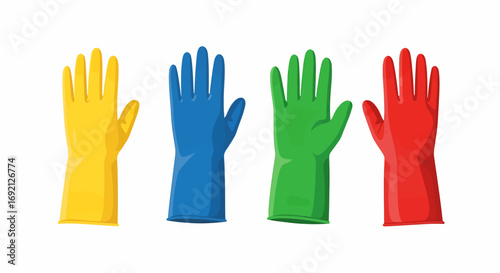 A set of four colorful rubber cleaning gloves in yellow, blue, green, and red, isolated on a white background.