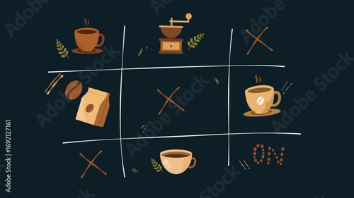 Coffee tic tac toe game with cups grinder dark background
