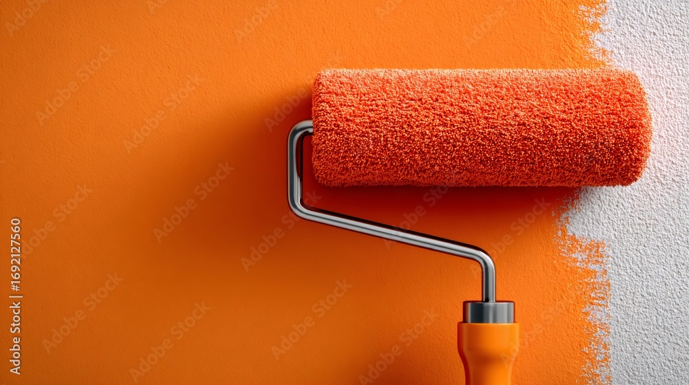 Fototapeta premium Paint roller applying orange paint to white wall