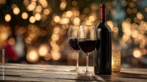 Wine bottle and glasses creating romantic atmosphere on wooden table