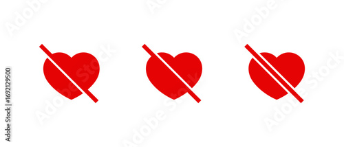 No love heart icon set. Broken relationship and romance prohibition symbol