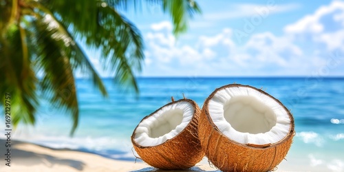 Wallpaper Mural Tropical Summer Beach Paradise Two Coconut Halves by Ocean Waves at Exotic Island Shoreline Torontodigital.ca