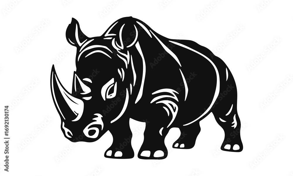 Obraz premium Rhino vector illustration, strong wild animal design, black and white rhinoceros graphic, safari beast logo, horned mammal art