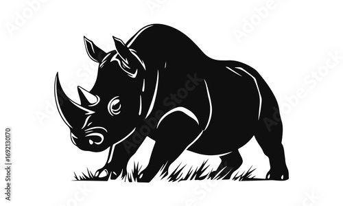Rhino vector illustration, strong wild animal design, black and white rhinoceros graphic, safari beast logo, horned mammal art
