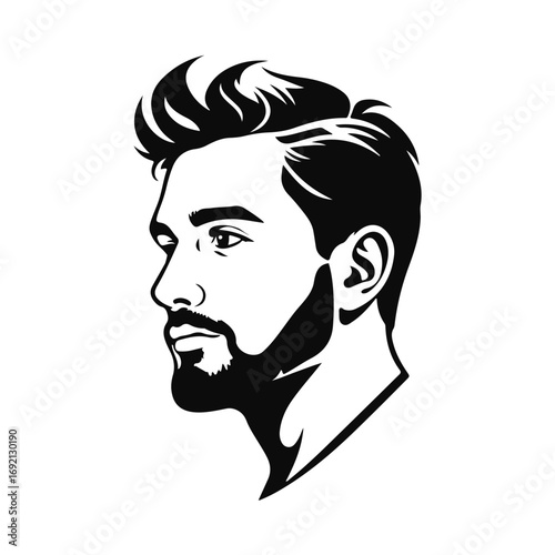 Stylized male face with thick hair and full beard, strong expression, bold lines, monochrome vector portrait, hipster style, bearded man, modern haircut, masculine face, vector portrait