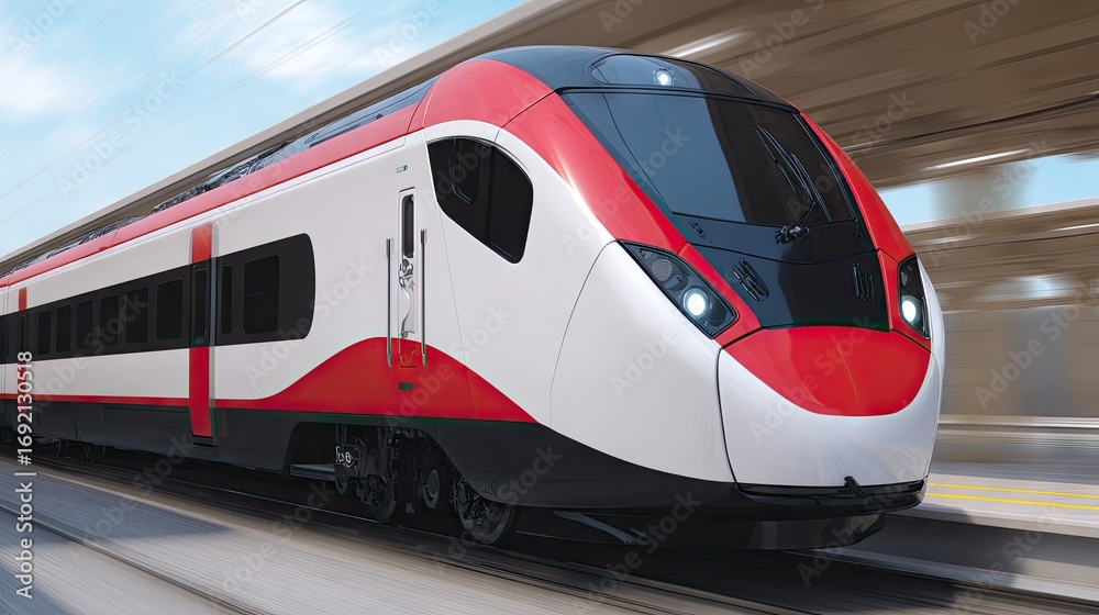 Naklejka premium Train arriving at a vibrant station during sunset with colorful sky and dynamic clouds