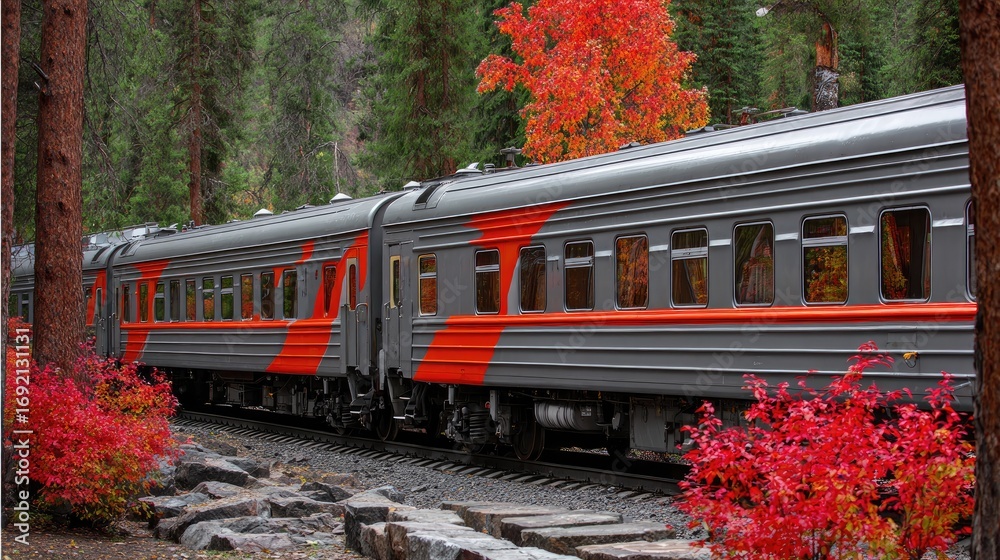Obraz premium Train travels through colorful autumn foliage showcasing vibrant red and orange leaves in a picturesque forest setting