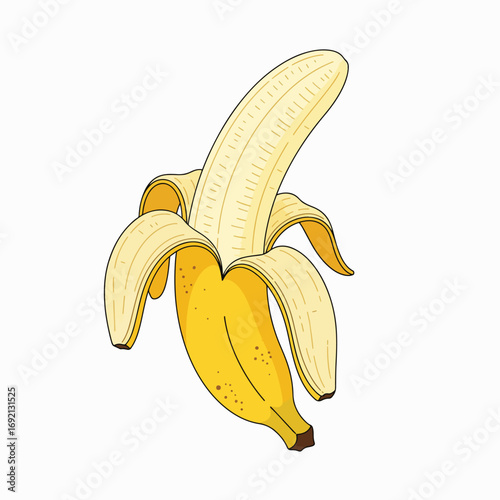 Illustration of a partially peeled banana with yellow skin and white flesh.