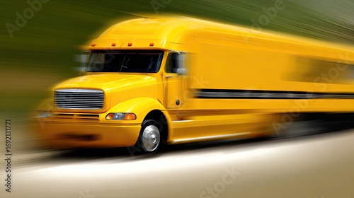 Yellow truck driving swiftly on a rural road surrounded by greenery on a clear day in mid-afternoon