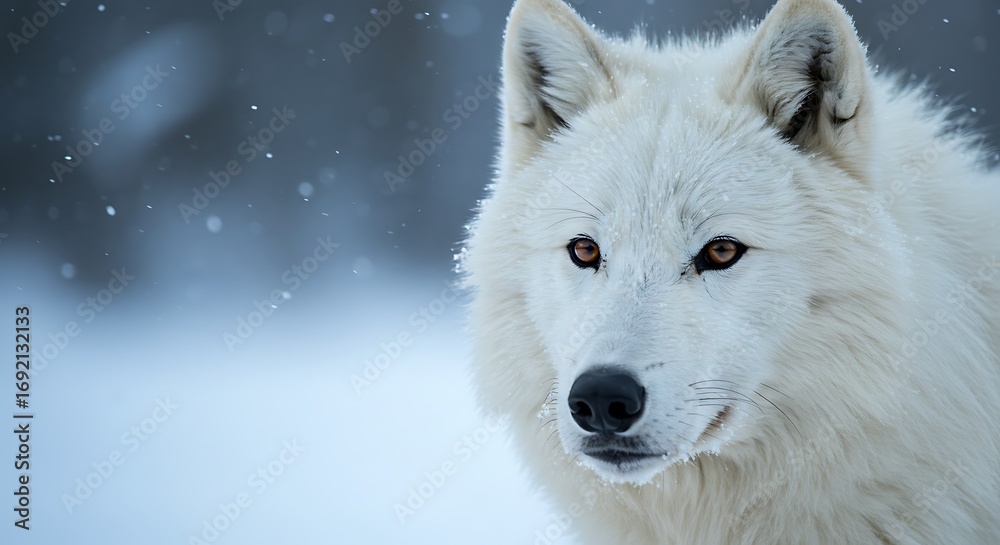 Obraz premium Arctic wolf looking at the camera in snowy wilderness environment 