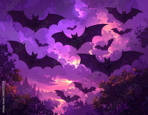 Bats soar over a purple-pink twilight landscape