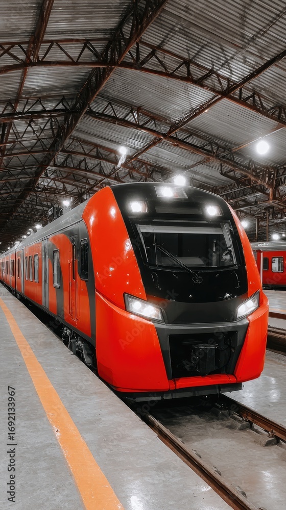 Fototapeta premium Red subway train approaching platform in urban station during cloudy day with large windows showcasing city view