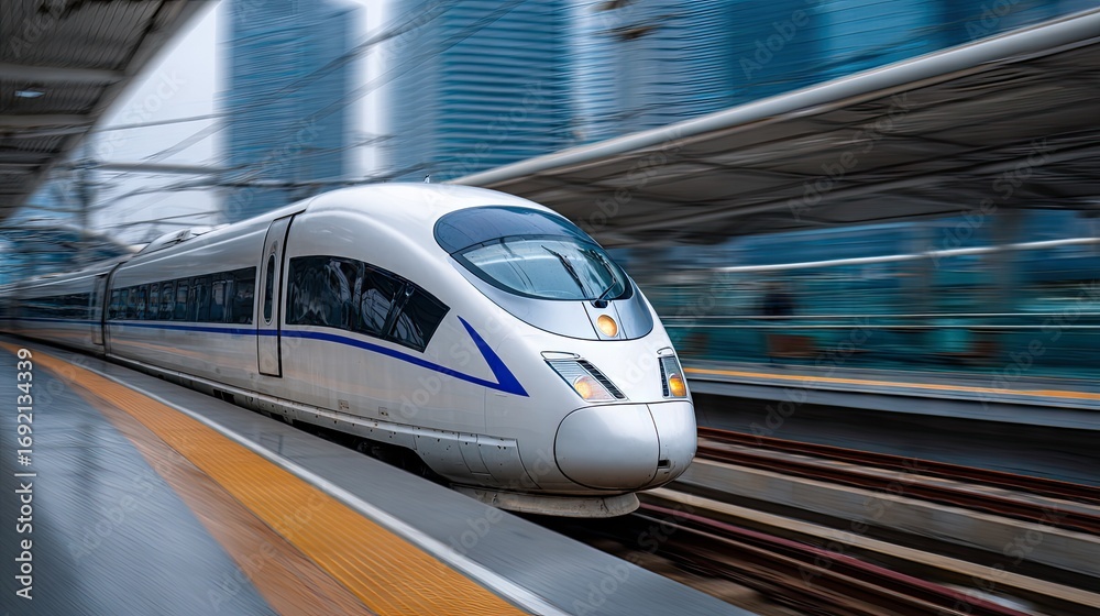 Fototapeta premium Red subway train approaching platform in urban station during cloudy day with large windows showcasing city view