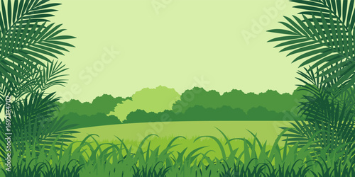 Jungle forest landscape with trees and green plants. Tropical leaf and flower frame. Cartoon style.trees. Beautiful nature landscape concept for banner, camping, magical forest. Summer or spring scene