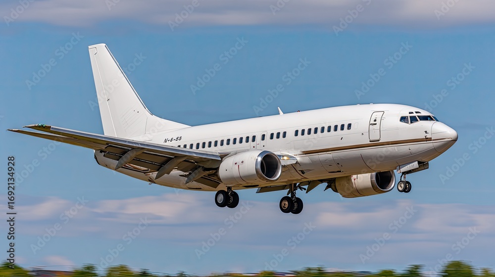 Obraz premium Airplane landing at sunset over an open field with a vibrant sky showcasing hues of orange and purple