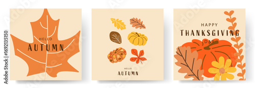 Celebrate Thanksgiving with warm autumn colors, festive harvest elements. A beautiful Thanksgiving greeting card featuring vibrant pumpkins and colorful autumn leaves. Hello Autumn. 