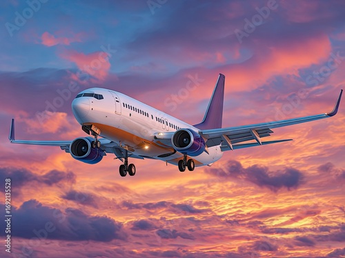 Airplane landing at sunset over an open field with a vibrant sky showcasing hues of orange and purple