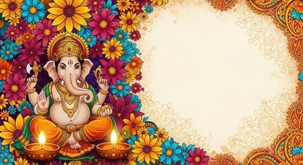 Ganesha surrounded by vibrant flowers and ornate borders