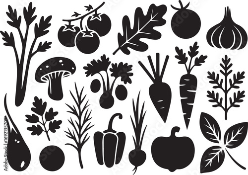 Silhouette Vegetable Garden Vector Illustration with Celery and Tomatoes