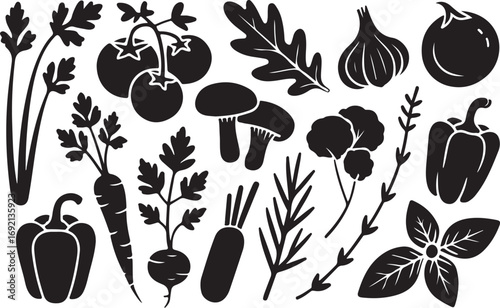 Monochrome Vegetable Vector Art with Pepper and Carrot Silhouettes