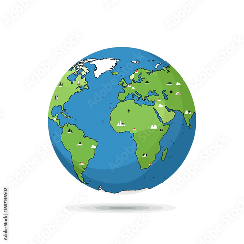 Cartoon Earth Globe with Landmarks and Continents Illustration