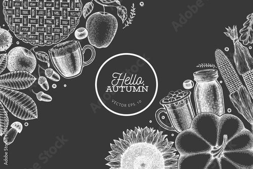Hand Drawn Vector Autumn Illustration. Not AI Generated. Thanksgiving Chalk Board Background. Fall Season Cozy Mood Banner. Vintage Design Template.