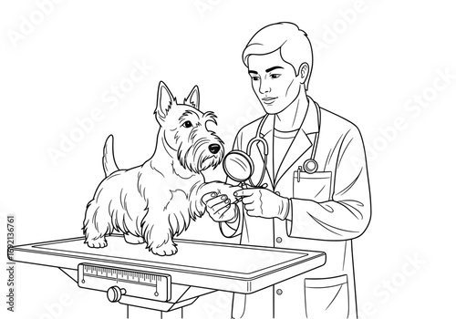 Male veterinarian examining a Scottish Terrier dog with care and attention in a veterinary clinic