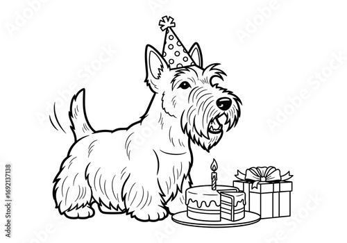 Scottish Terrier celebrating a birthday with a party hat, cake with a candle, and a gift box in a festive setting