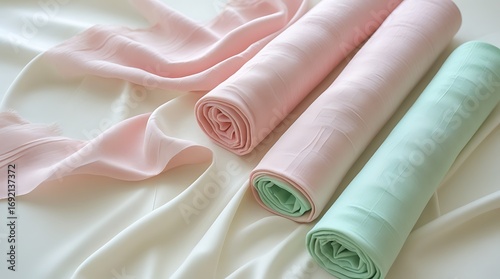 Soft pastel colored rolled fabrics in delicate pink and mint green draped elegantly on a white silk background
