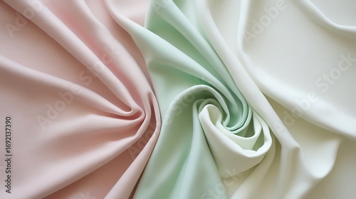 Soft pastel fabric with gentle folds and a swirling texture in delicate shades of pink and mint green