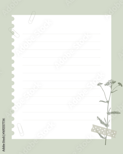 Blank lined form in vintage scrapbooking style with botanical imprint of yarrow and tape. Notebook sheet. For notes, reminders, to-do list. Vector illustration