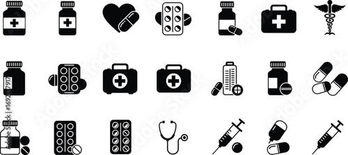 Medical icons set, medicine bottles, pills, capsules, syringe, stethoscope, first aid kit, healthcare symbols, black and white vector