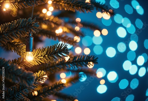 Holiday illumination and decoration concept - christmas garland bokeh lights over dark blue background 