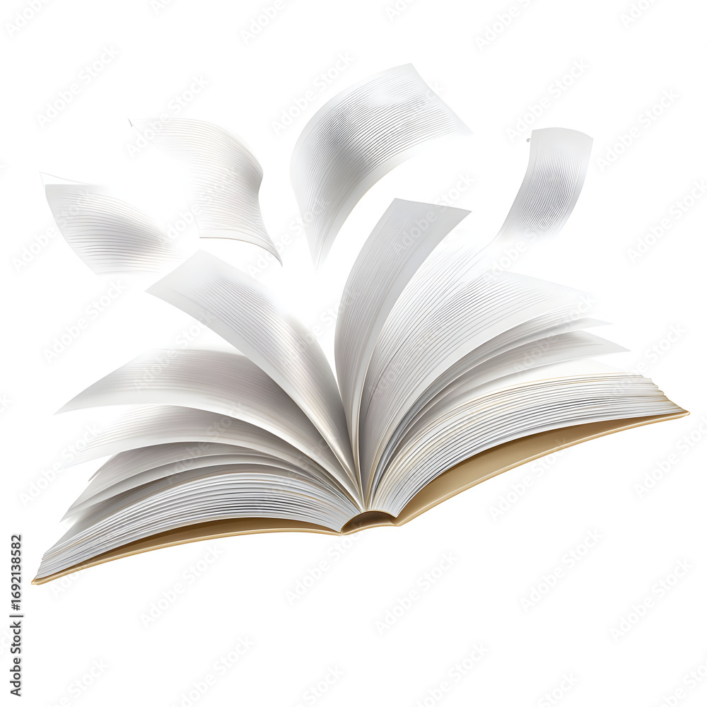 Fototapeta premium Open book with flying pages against a black background symbolizing knowledge